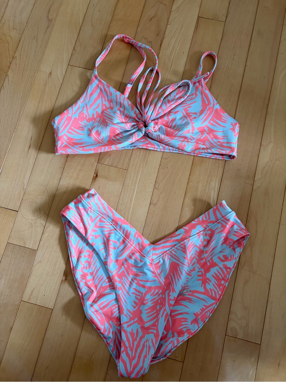 Salmon and Light Blue Tropical Print Bikini Set one one swimwear